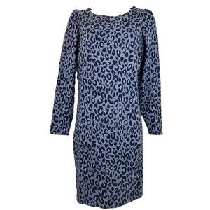 Talbots Dress 8 Petite Blue Shift Long Sleeve Animal Cheetah Print Medium